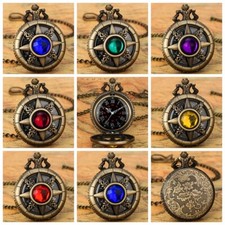 Steampunk Bronze Quartz Pocket Watch with Stone Decoration Chain Women Men Gifts