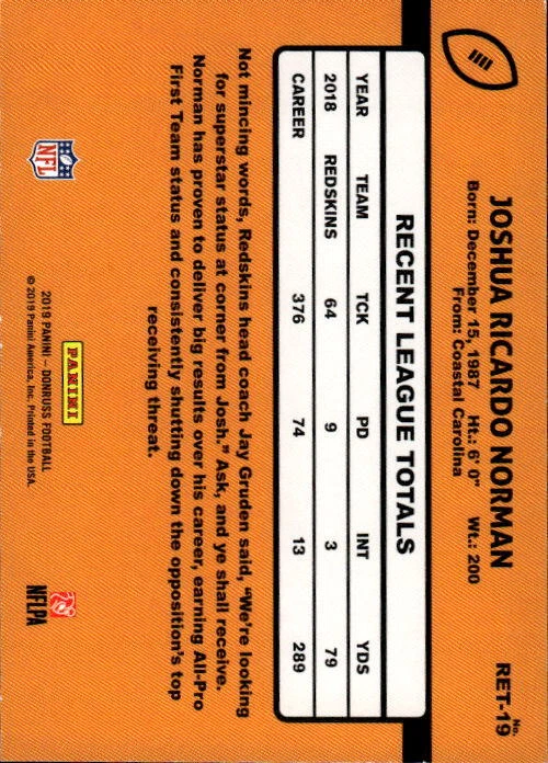 2019 Donruss Josh Norman #RET-19 Retro 1989 Washington Redskins 11I - Image 2 of 2