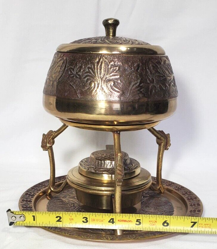 Vintage Brass Korean Fondue Set 6 Piece Floral Pattern