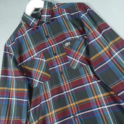 Lacoste Live Flannel Shirt Mens 39 Green Red Blue Plaid Crocodile