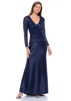 Marina Dresses Front Twist Sequin Charm Gown Womens Small Navy Maxi Long Sleeve