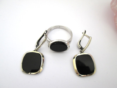 Art Deco Onyx Designer Set Ohrringe + Ring Gr.61 925er Silber Einzelanfertigung