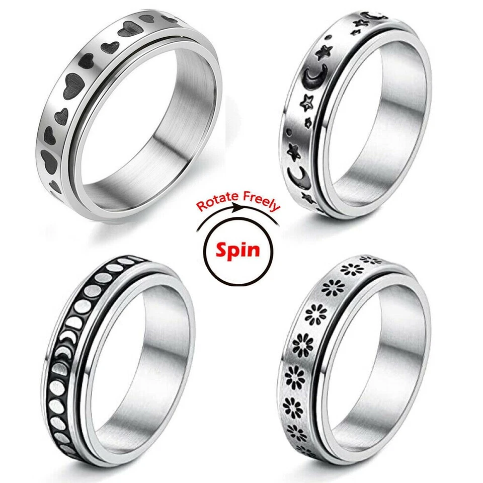 Anti-anxiety Spinner Fidget Rotating Rings Men Women Band Stainless Steel Moon - image 2 of 4