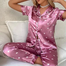 New Women's Silk Satin Pajamas Set Short Sleeve Button-Down Sleepwear Loungewear