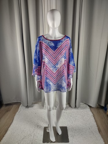 Ruby Rd Women's Blue, Pink, Tropical Chevon Chiffon Poncho Blouse, Top Size 2X - Picture 2 of 10