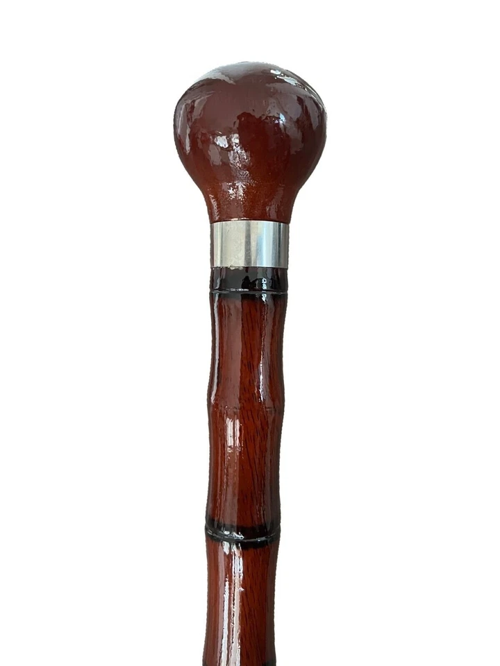 Bastón de madera de moda - 35 pulgadas rojo oscuro estilo bambú con perilla de bola Foto 3 de 4
