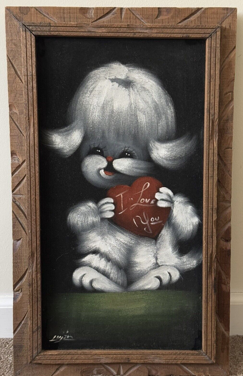 Vintage Mid-Century Kitschy Black Velvet Oil Painting Furry White