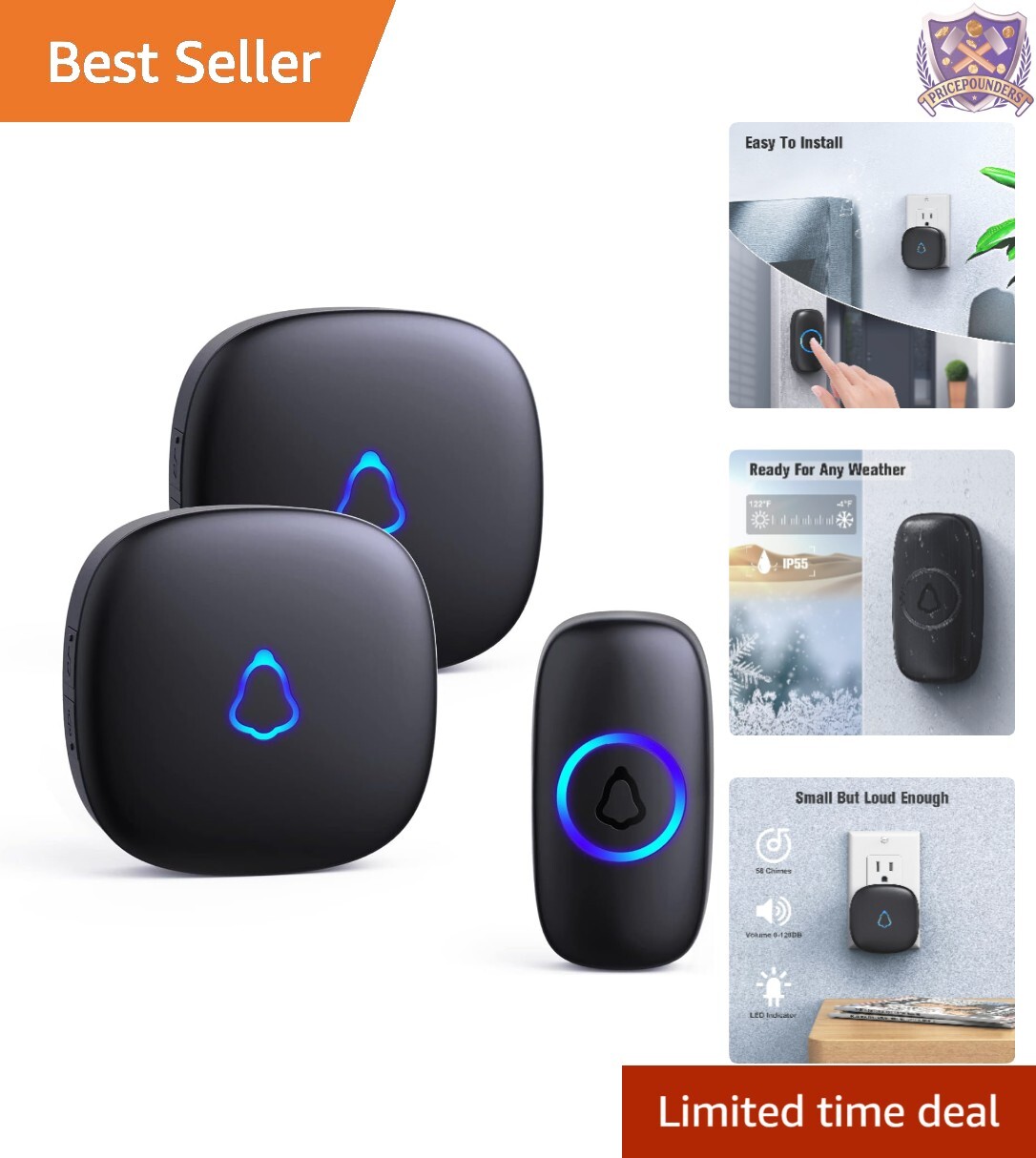 Wireless ABS Doorbell with 300m Range 58 Chimes Adjustable Volume for Home-image