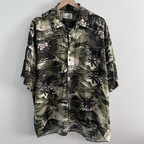 Vintage Monticerutti Herren Hawaii Button Down Hemden Gr. XL Island Aloha Grün