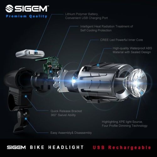 SIGEM Bike Light Set Ultra Bright, USB Rechargeable LED Headlight, Taillight - Picture 6 of 8