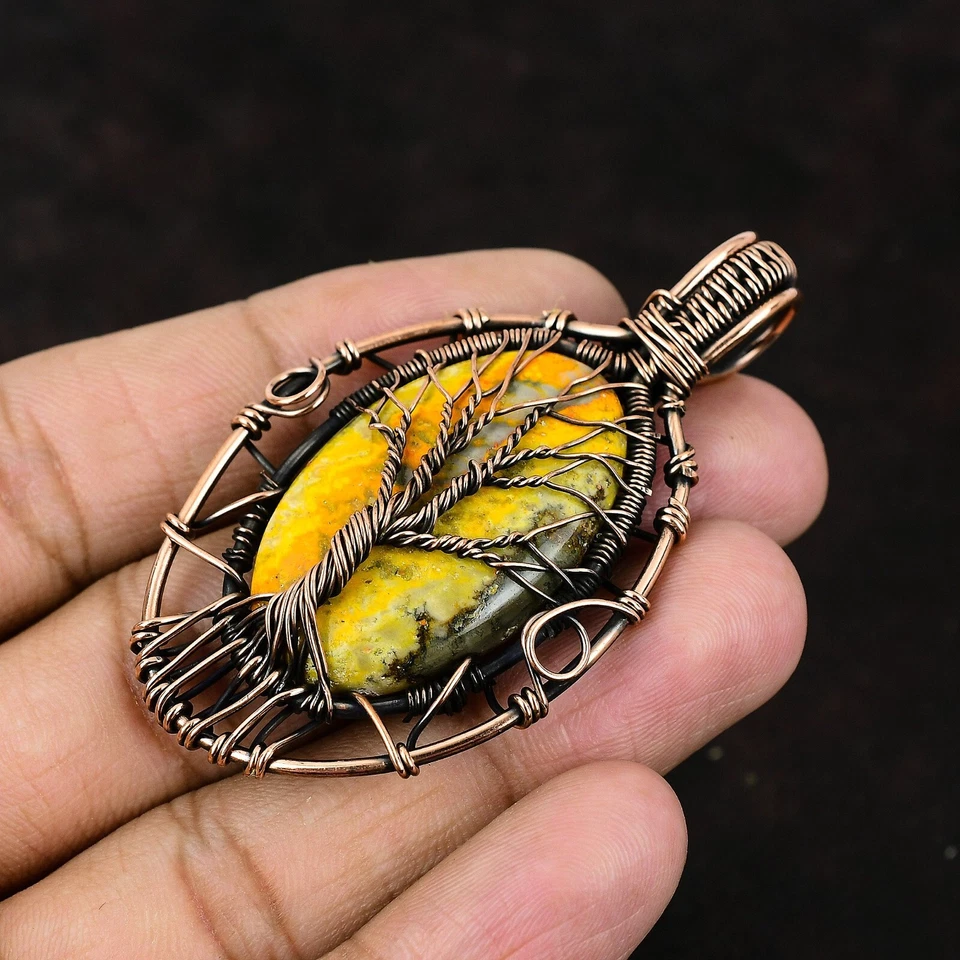 Bumble Bee Jasper Copper Gift For Mum Wire Wrapped Tree Of Life Pendant 2.6" - Image 3 of 4