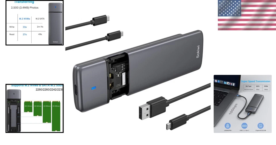 Elegant Aluminum M.2 NVMe/SATA SSD Enclosure - USB 3.2 Gen 2 for Quick Transfers - Image 2 of 4