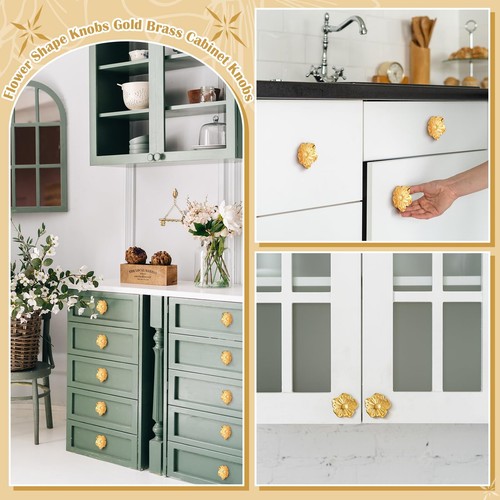 6 Pack Flower Cabinet Knobs Gold Brass Drawer Knobs Floral Shape Dressers Pul... - 第 6/6 張圖片