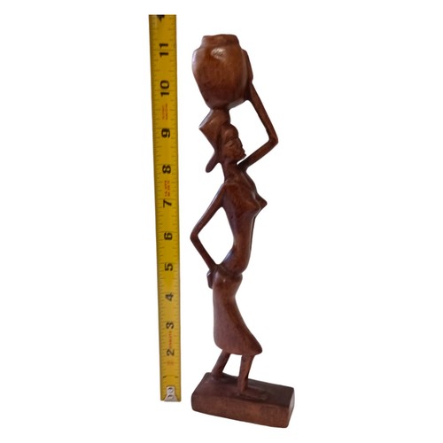African Wooden Woman Figure Hand Carved Tribal Sculpture Carrying Jug Ethnic Vtg - Picture 2 of 18