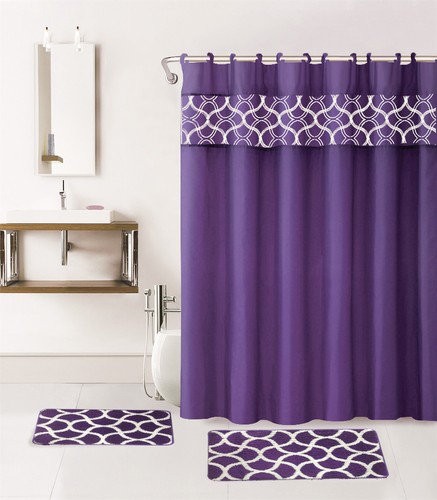 4PC PRINTED BANDED BATHROOM SHOWER CURTAIN SET BATH MAT FABRIC COVERED RINGS - Picture 15 of 26