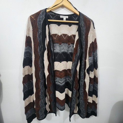 John Paul Richard Peacock Open Knit Cardigan Sweater Womens XL Brown Black White - Picture 5 of 16