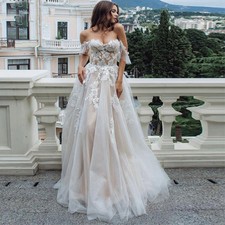 Champagne Liner Wedding Dress Off Shoulder Tulle Applique Sleeveless Bridal Gown