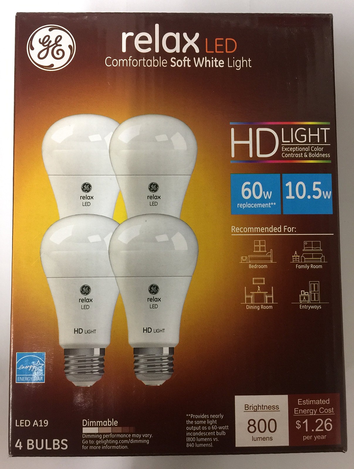 (4 bulbs) GE Relax LED Light Bulb, 10 watt (60W equivalent) Soft White 800