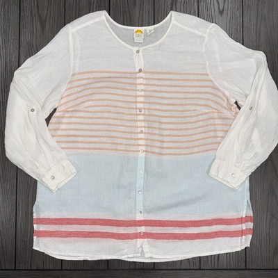 C&C California 100% Linen Long Sleeve Button Up Top Size 1X Beachy Coastal Boho