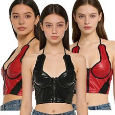 Womens Tank Front Zipper Crop Top Corset Vest Sleeveless Tops Festivals PU Y2K