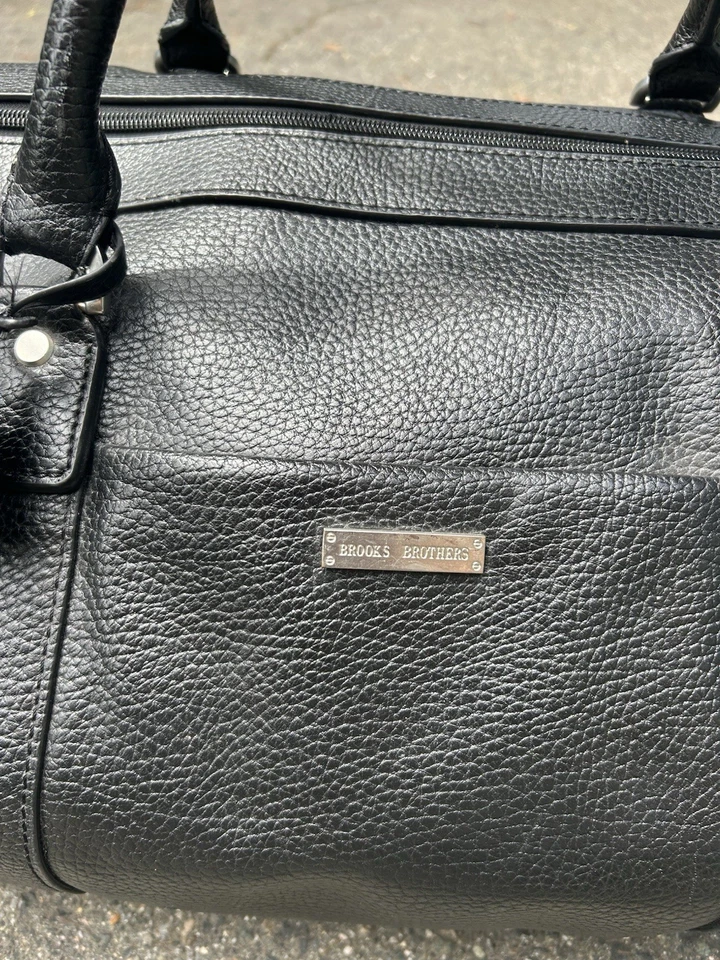 Brooks Brothers Pebble Grain Black Leather Travel Rolling Luggage Duffle Bag - Image 2 of 4