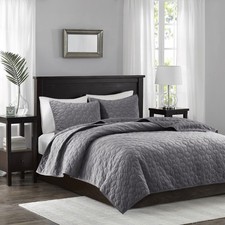3 Piece Velvet Quilt Set Grey Full/Queen