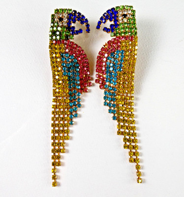 Rhinestone Parrot Earrings Dangle Drop Multi Colored Bling Bird Pierced Gold Tn