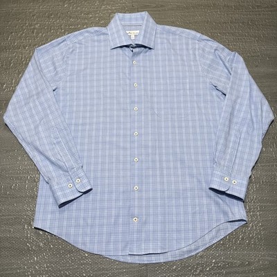 Peter Millar Shirt Crown Ease Stretch Button Down Mens Large Blue Glen Plaid