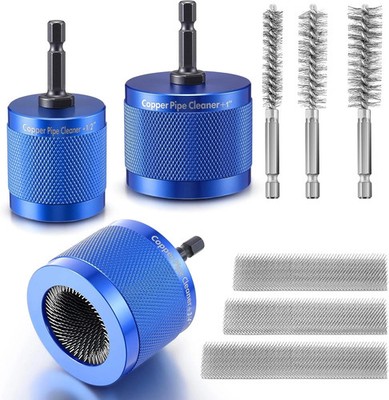 1/2'', 3/4'', 1'' Copper Pipe Cleaner for Drill Set Includes External Stainless Ste