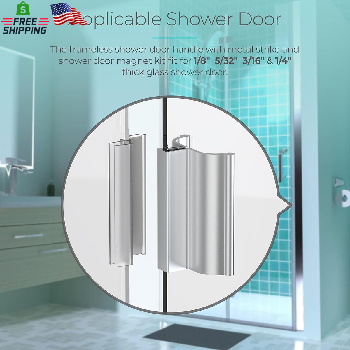 Shuisen Glass Shower Door Magnetic Latch Kit – Fits 1/8", 5/32", 3/16" & 1/4" Glass, Brushed Nickel, With Metal Strike & Rubber Gasket