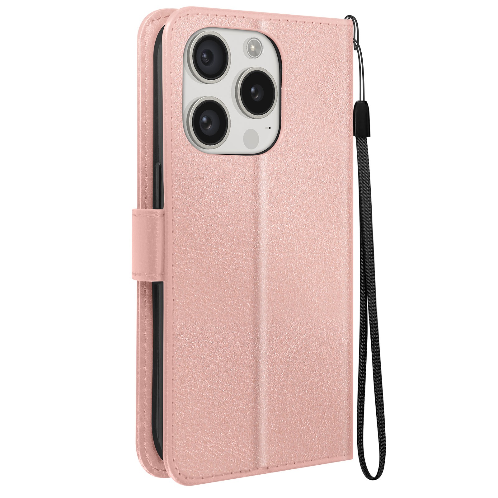 Coque iPhone 15 Pro avec dragonne et rabat multifonction noir en simili cuir Mayaxess