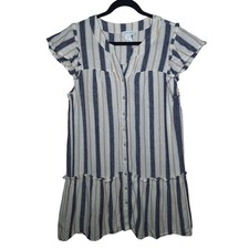 Cynthia Rowley Linen Blend Shirt Dress Large Striped Drop Waist Lagenlook Beachy