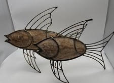 2 Fish sculpture coastal decor 15" x 9.75  distress wooden with goldtone fins
