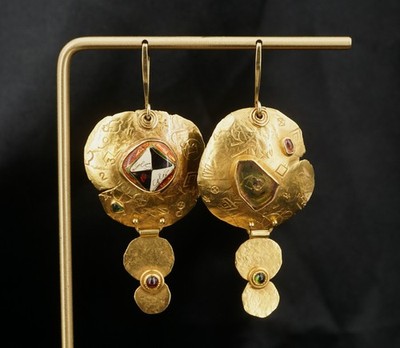 Colette Denton 20k Gold Tourmaline Earrings Enamel Artisan 1996 2.5'' #14 EG2668