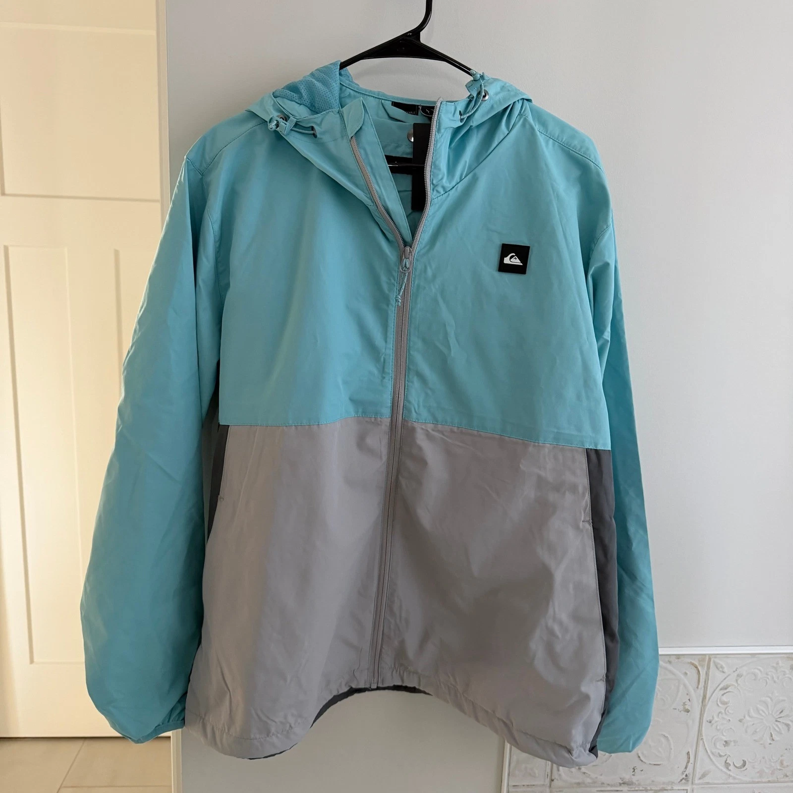 Quiksilver Colorblock Hooded Windbreaker Jacket Blue Gray XL Lightweight