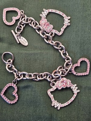 Vintage 2007 Sanrio Hello Kitty Charm Bracelet Pink Rhinestone Hearts
