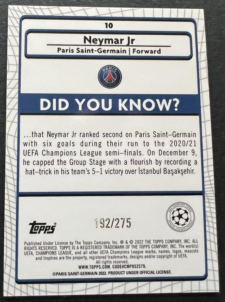 Neymar Jr 2021-22 Topps Merlin Uefa Club Competitions Pink #192/275 view 2