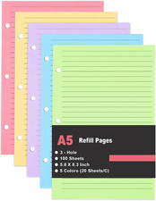 A5 Filler Paper, 3 Hole Notebook Refills Paper for 3 Ring Refillable Binder, ...
