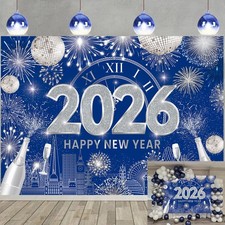 Blue Happy New Year Backdrop Cheers to 2026 82x59 inch 7x5FT ,