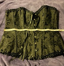 Black Victorian Jacquard Corset with Floral Pattern, Ruffle Accents, Hook & Eye