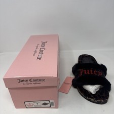 Juicy Couture Slide Slippers Faux Fur Crystals Black Leopard Womens Size 7