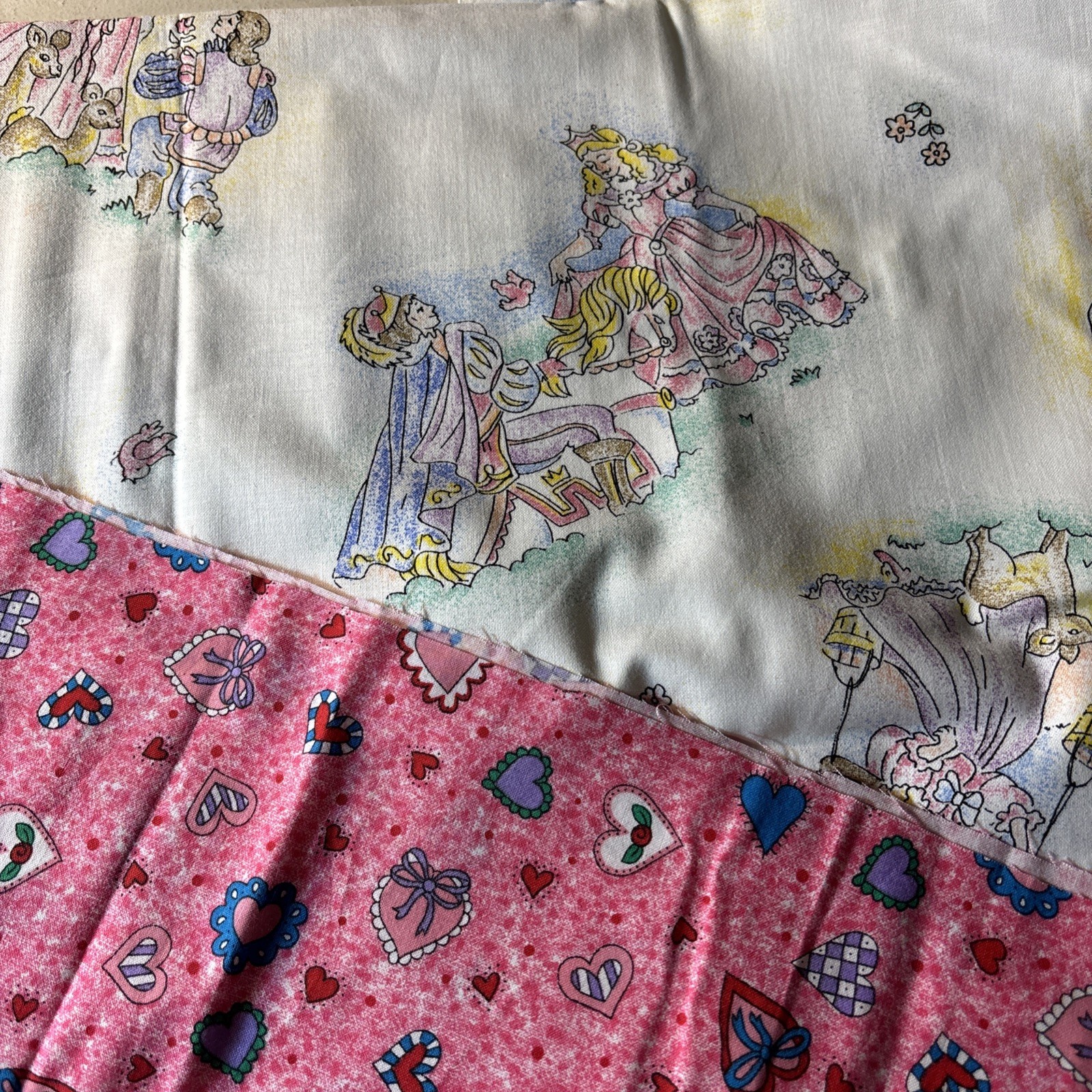 Princess and Pink Hearts Fabric Remnants for Baby Quilt Pillow and Girl's Crafts  