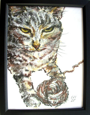 Katze Original Öl Pastell Zeichnung Gerahmt Kunstwerk Tier Wandkunst Dekor Papier 6x8