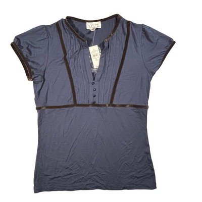NEW Ann Taylor Loft Blue Velvet Trim Pleated Split Neck Empire Waist Top S Twee