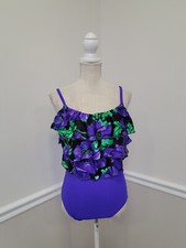 Vintage Purple Floral Bathing Swim Suit Sirena Size 12/Full Ruffles