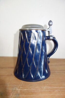 BLAU GLASIERTER STEINZEUG DEUTSCHER KRUG MIT DECKEL RAUTENMUSTER VINTAGE RAR