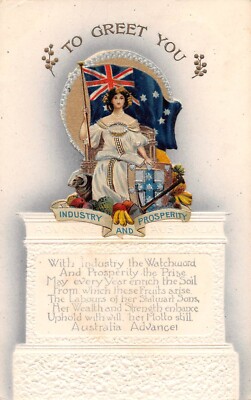 POSTKARTE AUSTRALIEN ZUR GRÜSSE INDUSTRIE UND WOHLSTAND FLAGGE SCHILD