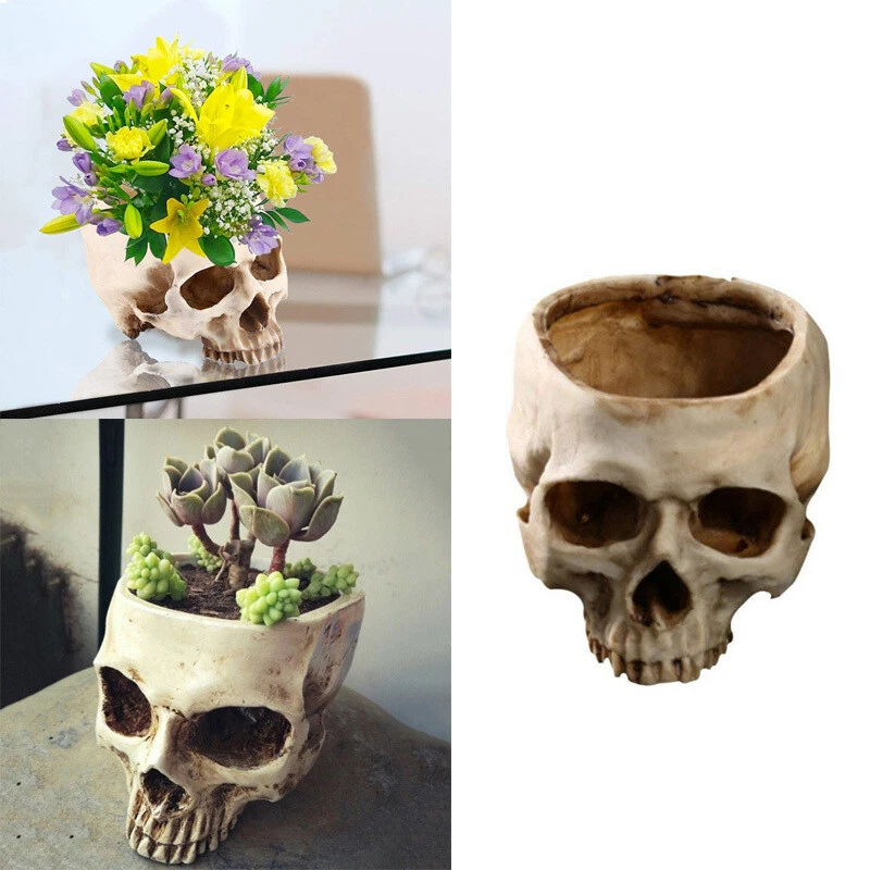 Human Skull Planter Flower Plant Pot Flowerpot Feature Shop Halloween Ornament