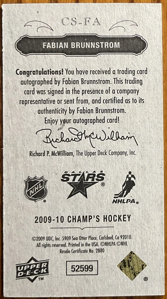 2009-10 Upper Deck Champ’s Signatures MINI Fabian Brunnstrom #CS-FA Dallas Stars - Image 2 of 2