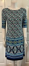 Women’s Eliza J Dress Blue & Green Geometric Print  3/4 Sleeve Zip Back Size 4